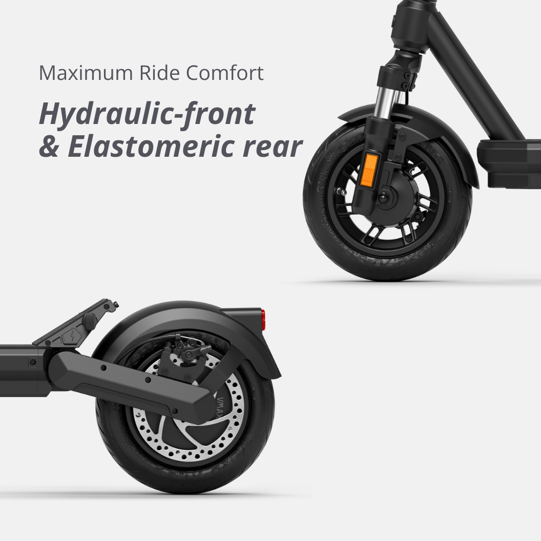 Detailaufnahme der Vorderrad-Hydraulikfederung und elastomeren Hinterradfederung des VMAX VX2 Hub für sanftes Fahrgefühl.