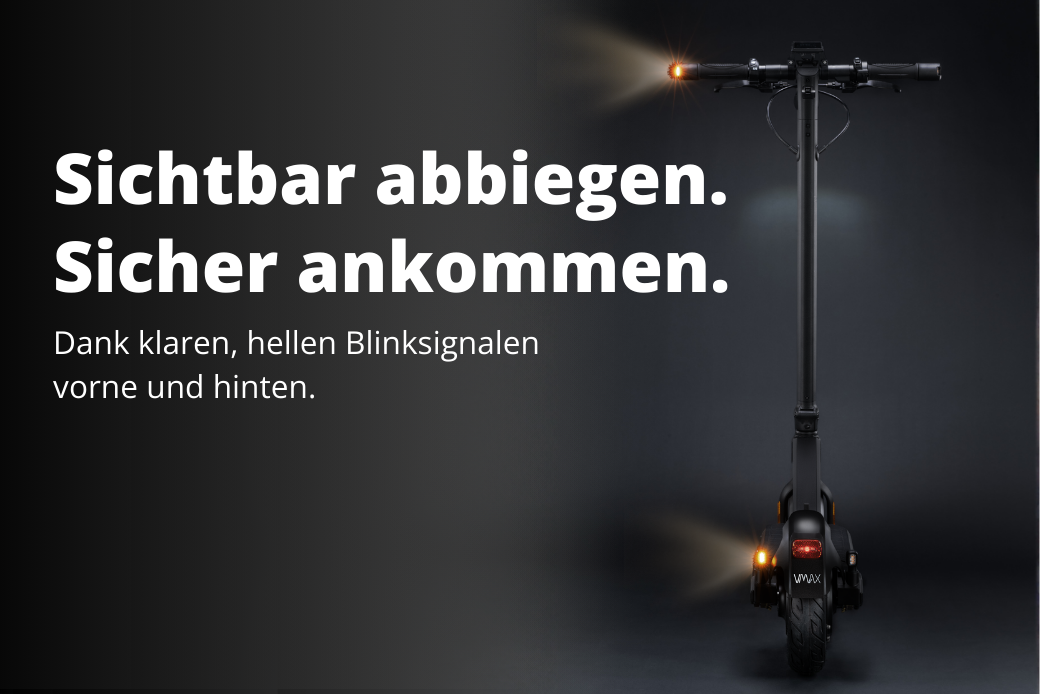 E-Scooter von VMAX mit integrierten Blinkern vorne und hinten für sicheres Abbiegen und bessere Sichtbarkeit im Strassenverkehr