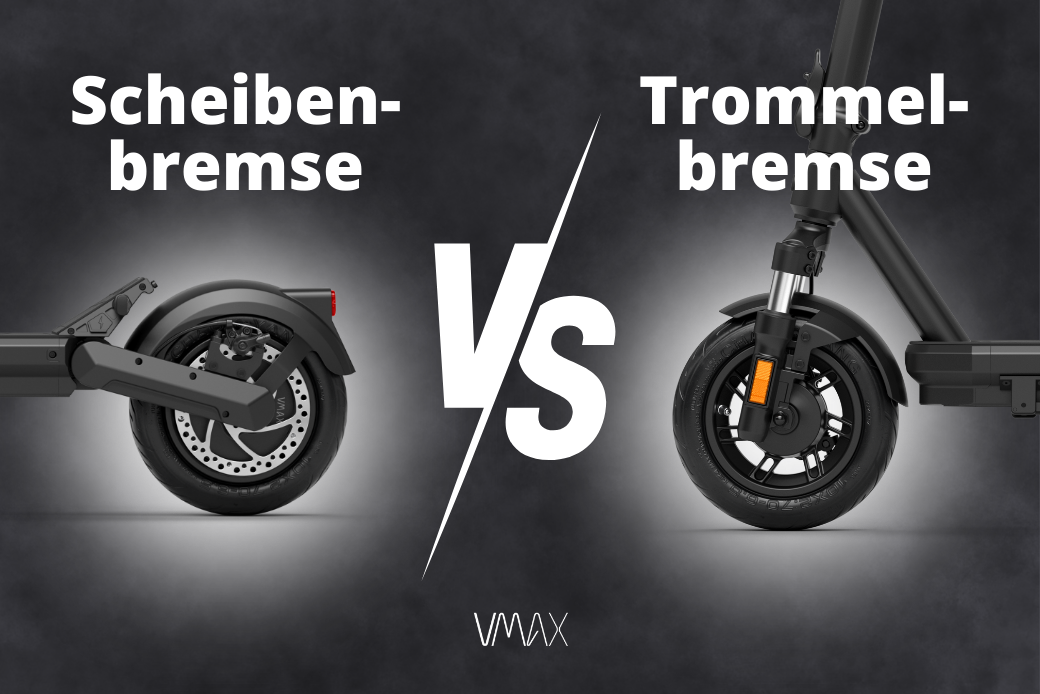Vergleich von E-Scooter-Bremsen: links eine Scheibenbremse am Hinterrad, rechts eine Trommelbremse am Vorderrad, mit zentralem „VS“-Symbol und VMAX-Logo.