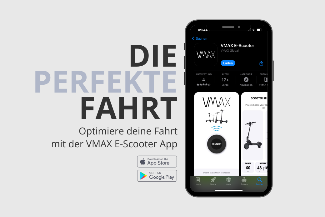 Ein Bild von einem Smartphone, welches die VMAX E-Scooter App zeigt mit der Überschrift "Die perfekte Fahrt"