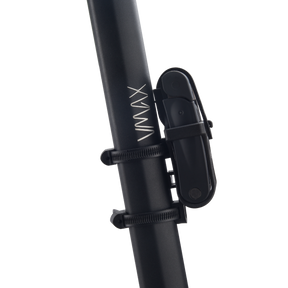 Close-up of the black VMAX Faltschloss handlebar clamp with two tightening rings and a folding latch, showcasing its robust construction against a white background.