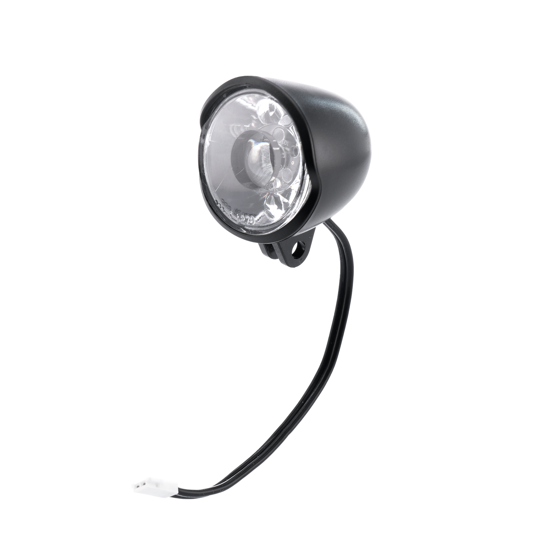 The Frontlicht is a black, round bicycle headlight with a clear lens, attached wiring, and a white connector, shown on a white background.