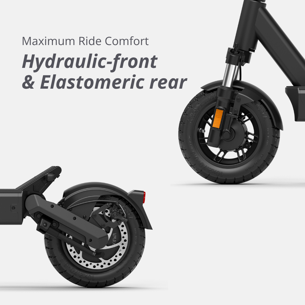 Detailansicht der Vorderrad-Hydraulikfederung und elastomeren Hinterradfederung des VMAX New VX4 für maximalen Komfort.