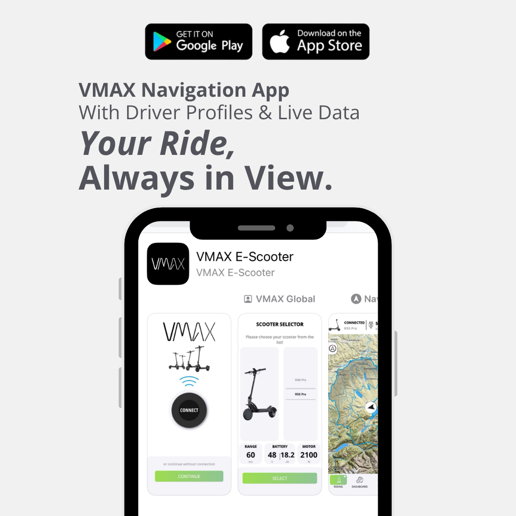 Smartphone mit der VMAX Navigation App, inklusive Scooter-Auswahl und Live-Daten – perfekt für den New VX4.