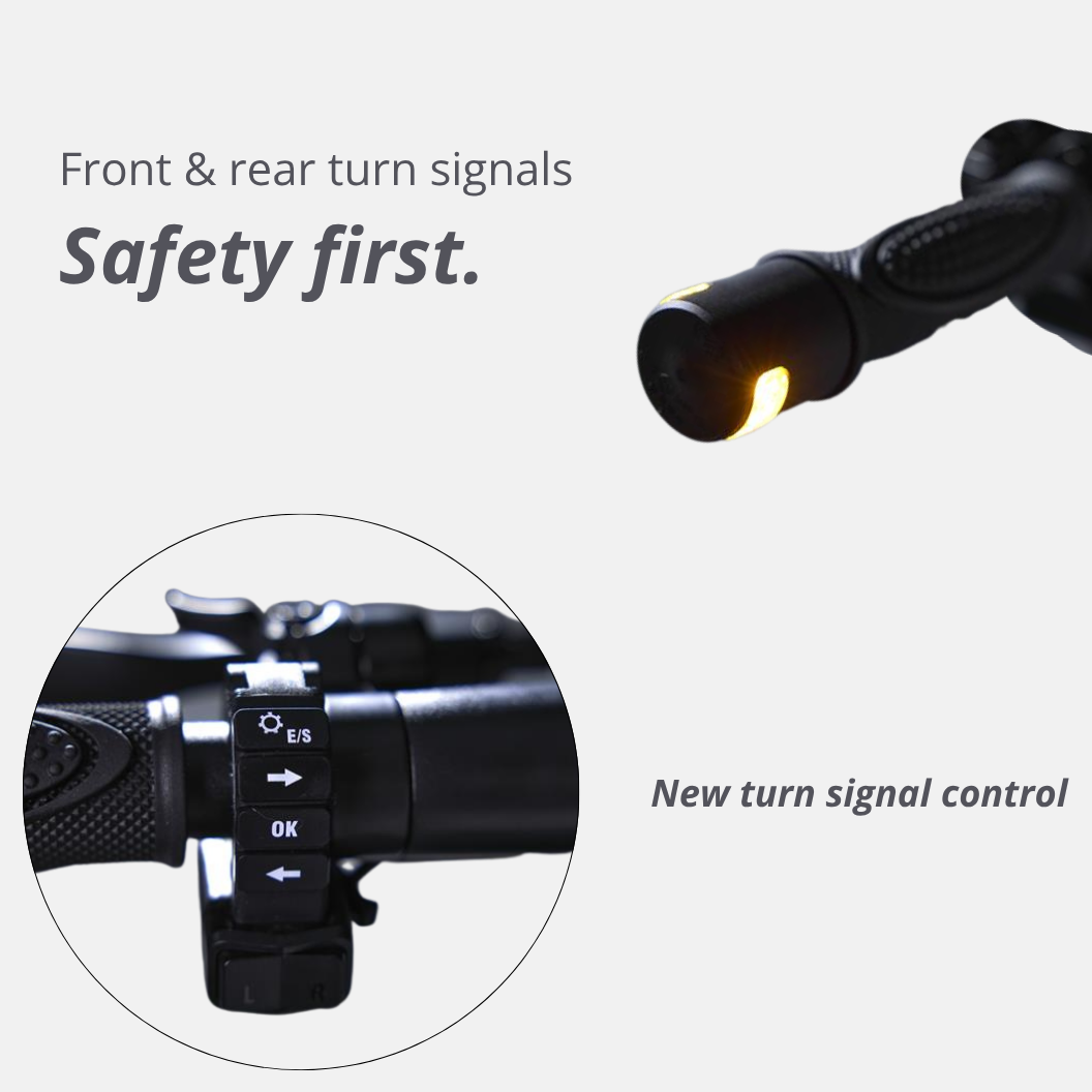 Leuchtender Frontblinker und Bedienelemente des VMAX VX2 Gear – für mehr Sicherheit im Strassenverkehr.