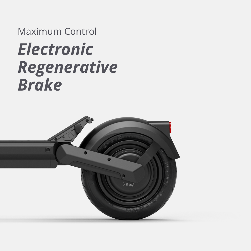 Hinterradansicht mit elektronischer Rekuperationsbremse beim VMAX VX2 Gear – für mehr Kontrolle und Energierückgewinnung.