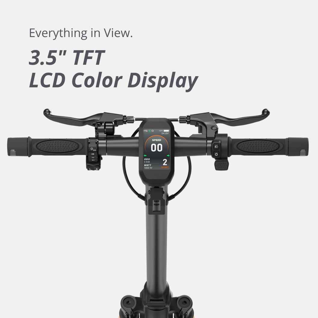 3.5-Zoll-TFT-Farbdisplay des VMAX VX2 Gear – Anzeige von Geschwindigkeit, Akkustand und Fahrmodus am Lenker.