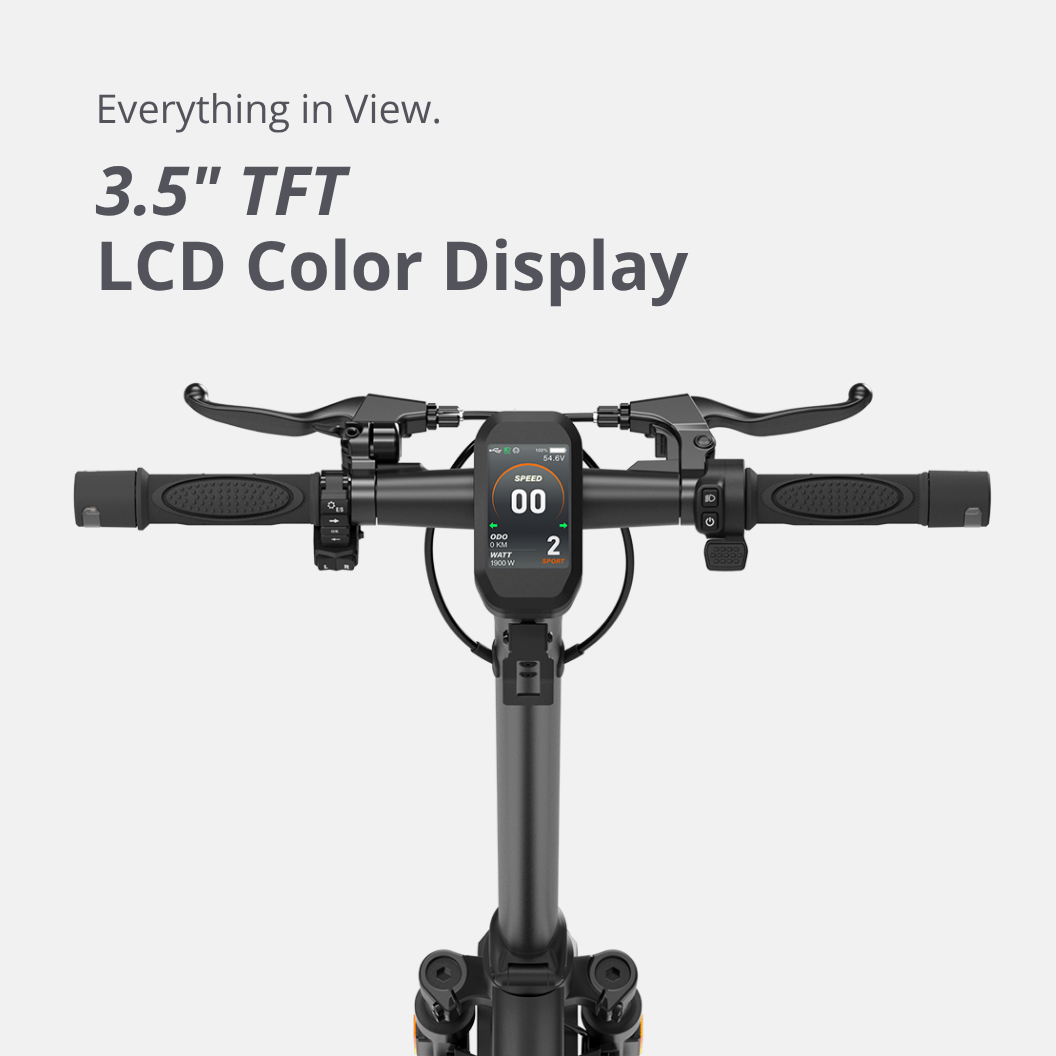 Lenker des VMAX VX2 Hub mit integriertem 3.5-Zoll-TFT-Farbdisplay für alle wichtigen Fahrdaten.