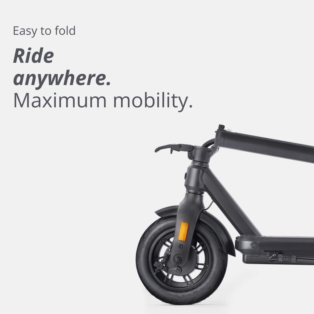 Vorderradpartie des VMAX VX2 PRO im zusammengeklappten Zustand – kompakt, leicht und ideal für maximale Mobilität im Alltag.