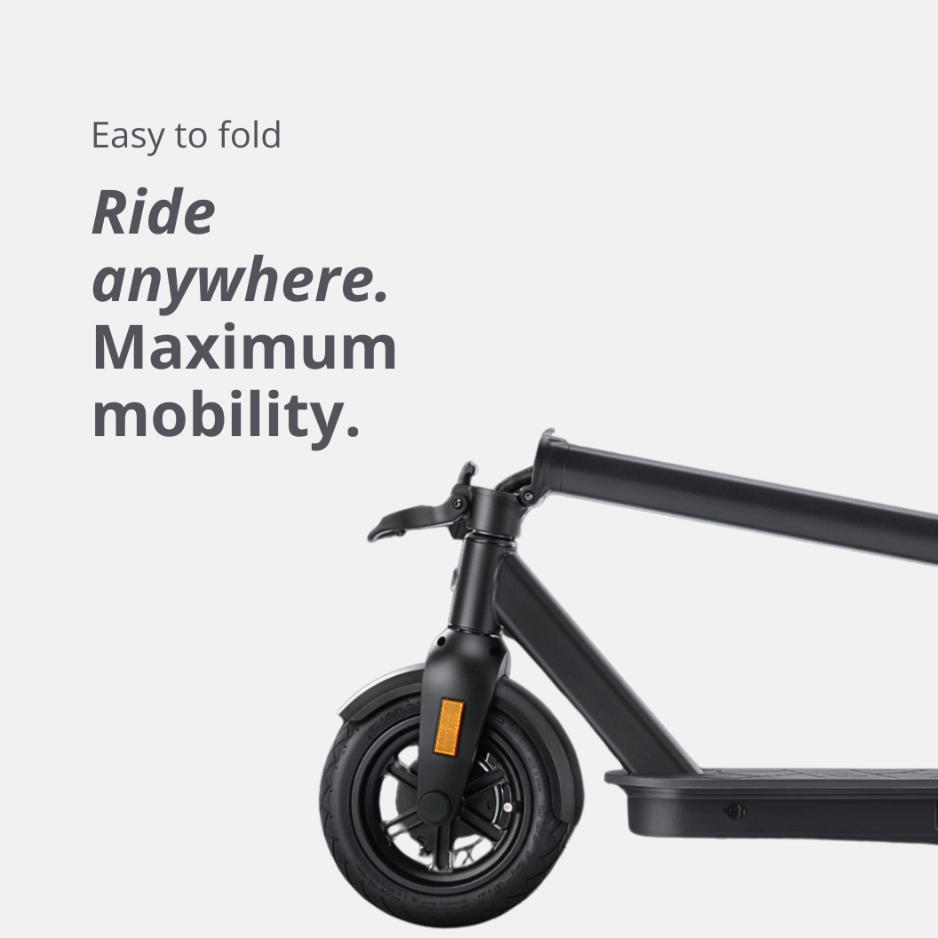 Vorderradpartie des VMAX VX5 PRO im zusammengeklappten Zustand – kompakt, leicht und einfach zu transportieren.