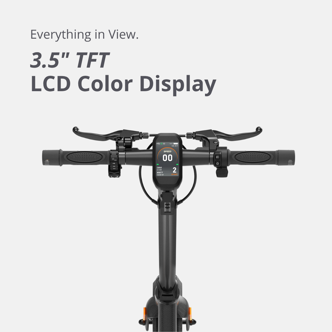 Lenkeransicht des VMAX VX8 mit 3.5-Zoll-TFT-Farbdisplay zur Anzeige von Geschwindigkeit und Fahrdaten.